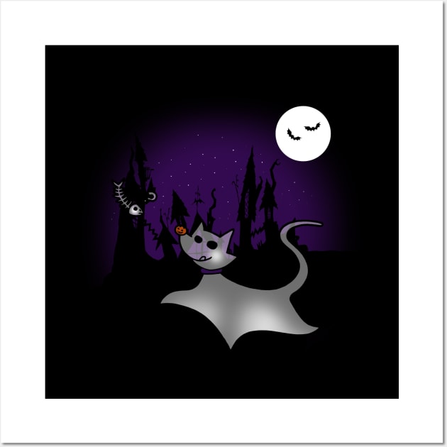 Cute Spooky Cat Ghost Halloween Night Wall Art by BoggsNicolas